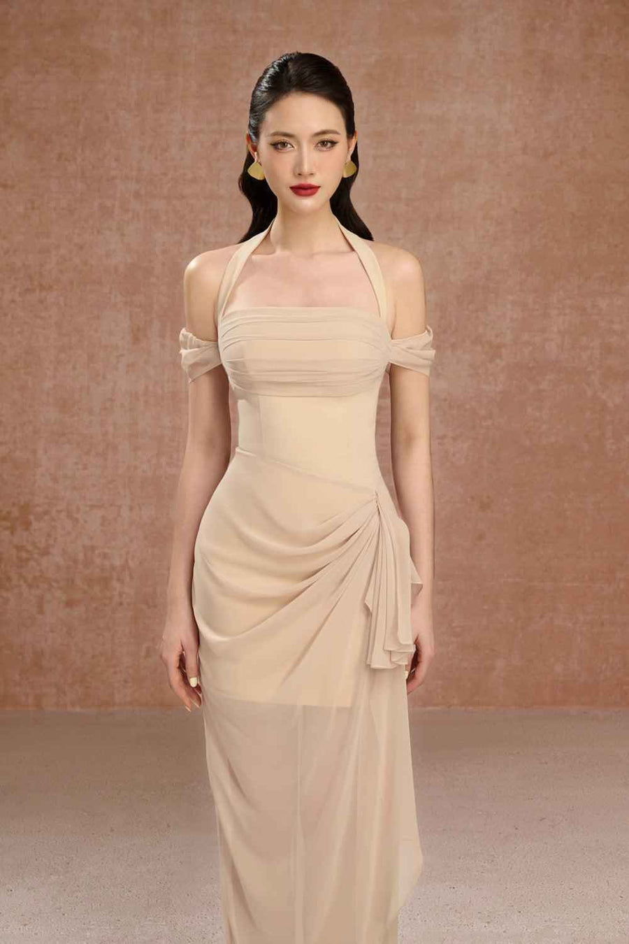 June Halter Cold Shoulder Sleeved Twill Ankle Length Dress