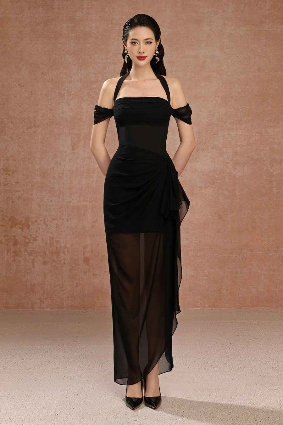 June Halter Cold Shoulder Sleeved Twill Ankle Length Dress