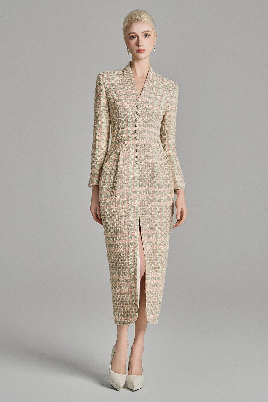 Kairi Pegged Front Slit Tweed Midi Dress Midi Dress Cordia