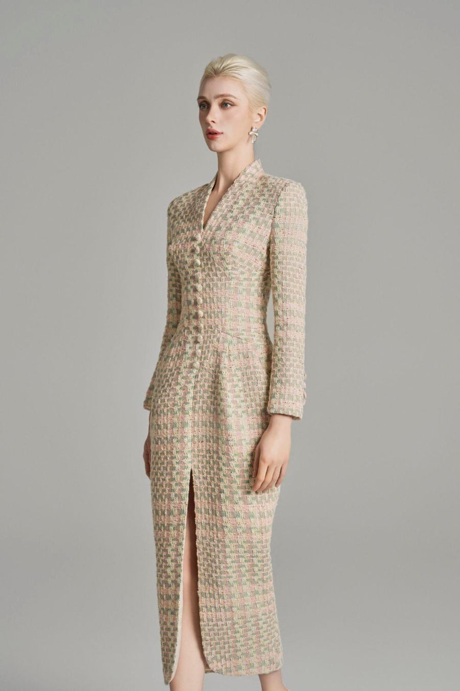 Kairi Pegged Front Slit Tweed Midi Dress Midi Dress Cordia