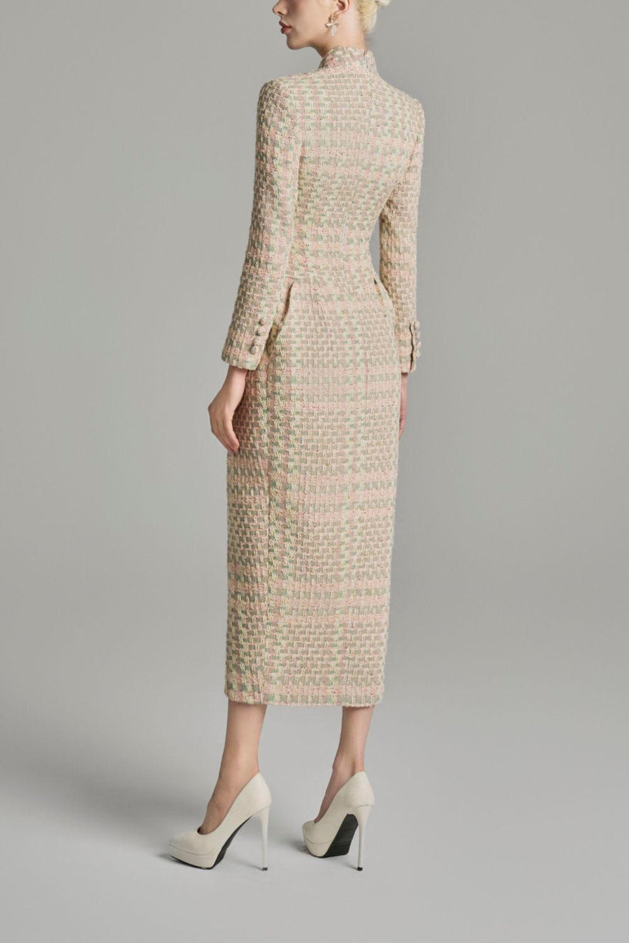 Kairi Pegged Front Slit Tweed Midi Dress Midi Dress Cordia