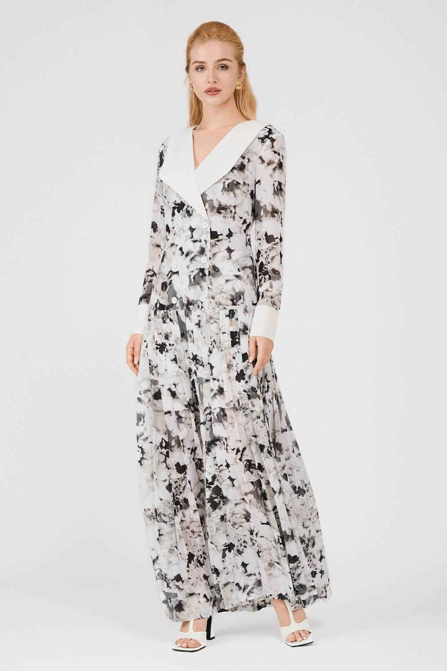 Kallie Drop Waist Pleated Chiffon Maxi Dress