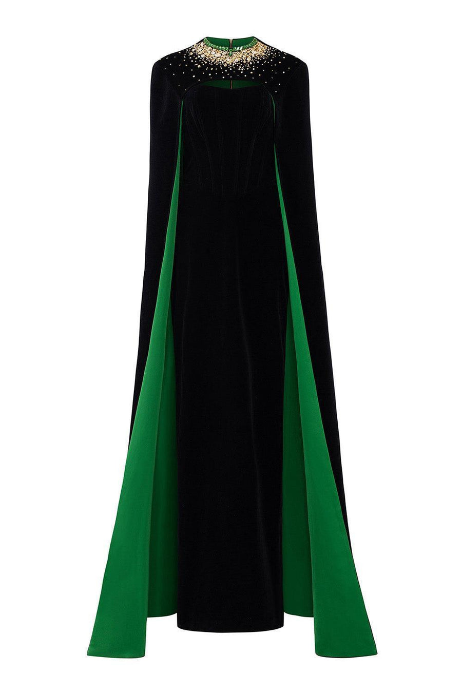 Kallie Sheath Cape Sleeved Velvet Floor Length Dress Black Green Gown Dress I.H.F Atelier