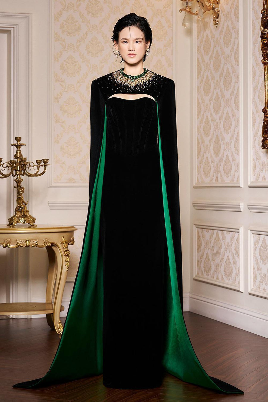 Kallie Sheath Cape Sleeved Velvet Floor Length Dress Gown Dress I.H.F Atelier