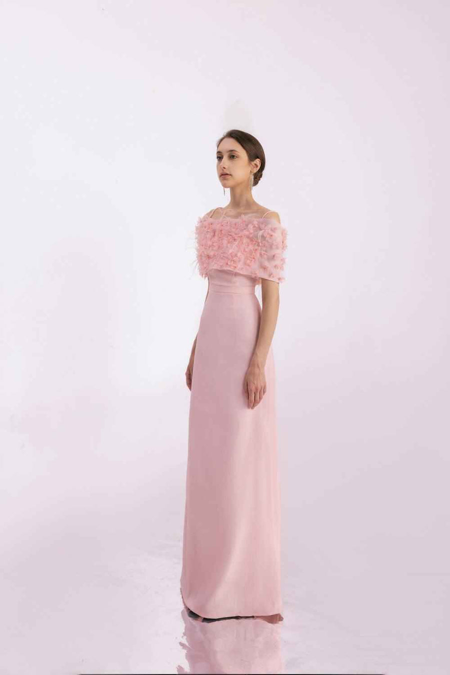 Kamila A-line Flower Applique Mesh Taffeta Floor Length Dress