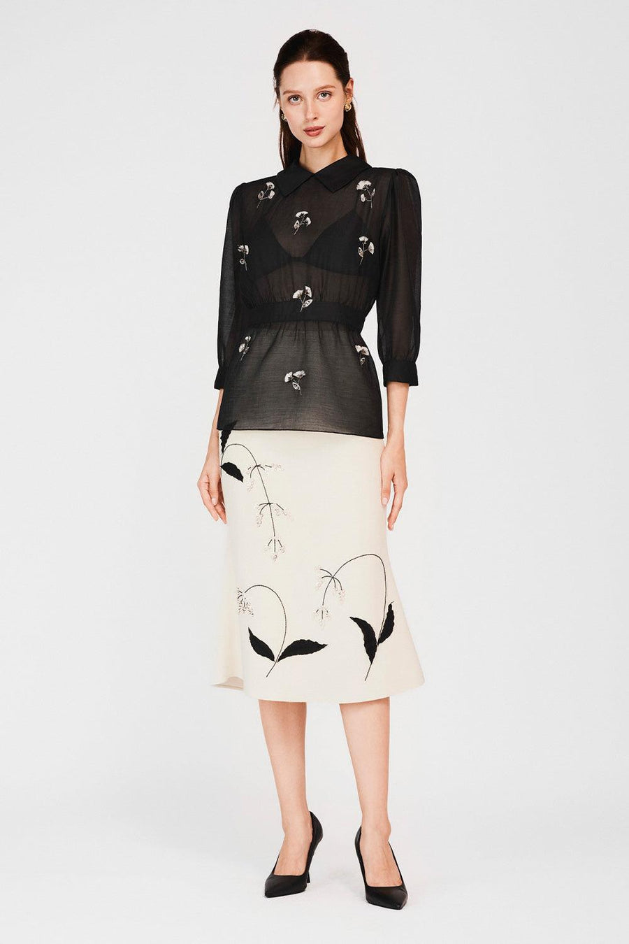 Kamiyah Trumpet Flower Applique Taffeta Calf Length Skirt 6
