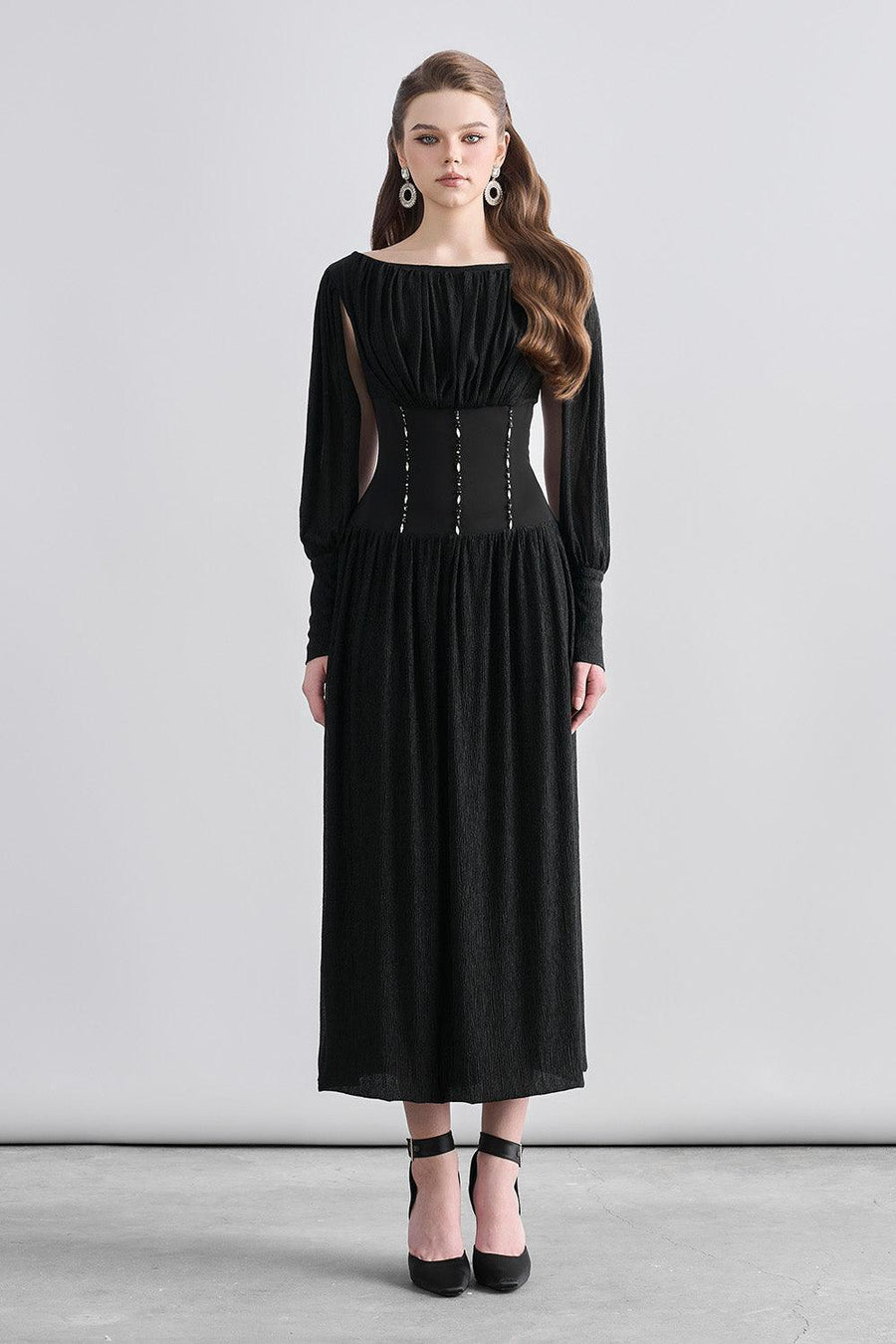 Kara Gathered Corset Waist Mesh Sheer Midi Dress Midi Dress Cordia