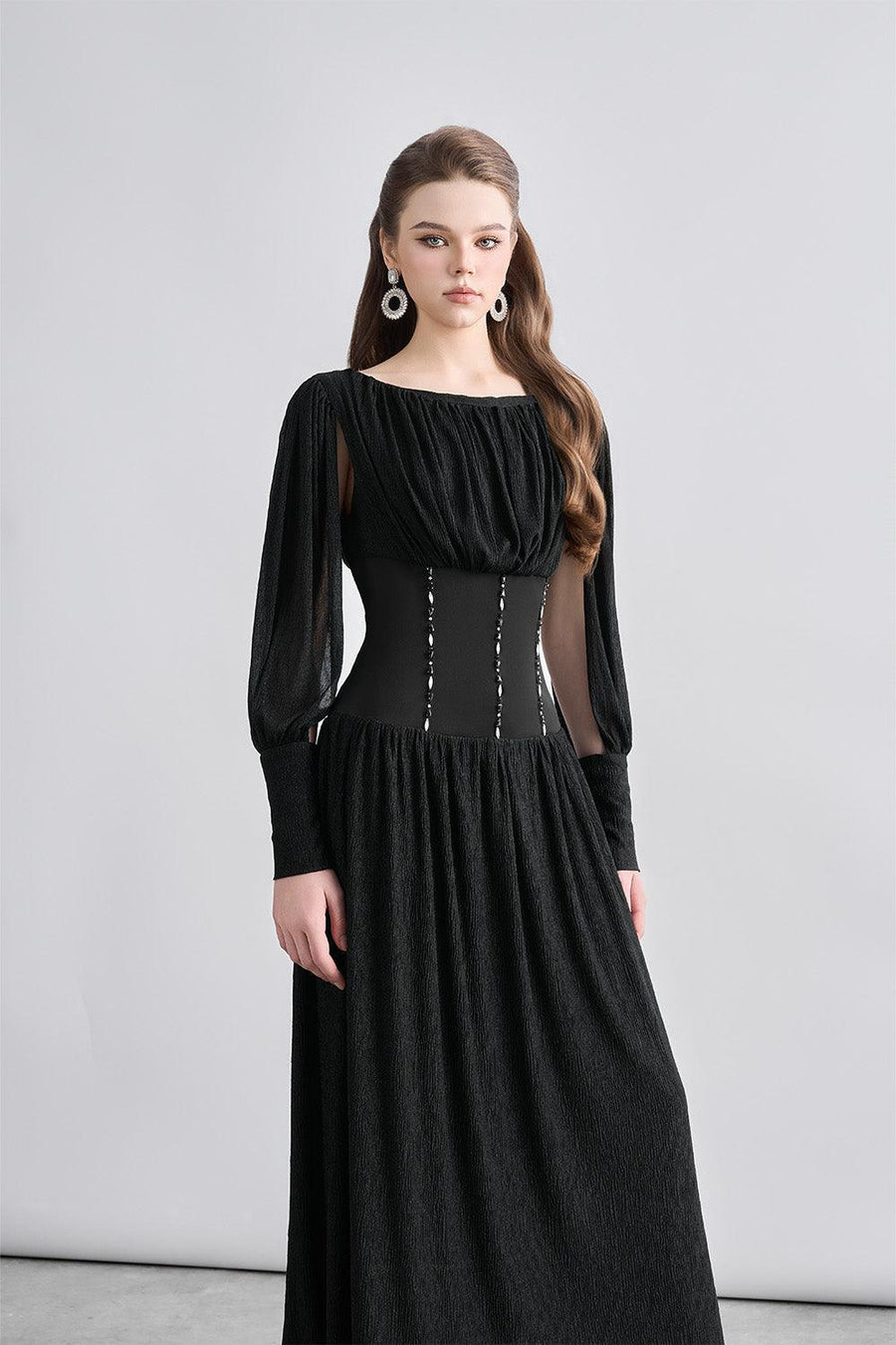 Kara Gathered Corset Waist Mesh Sheer Midi Dress Midi Dress Cordia