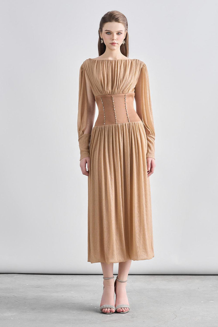 Kara Gathered Corset Waist Mesh Sheer Midi Dress Midi Dress Cordia