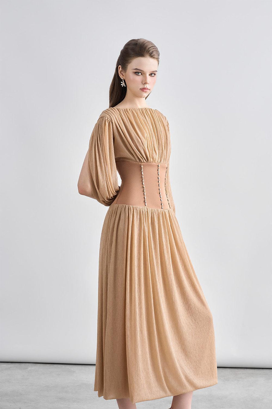 Kara Gathered Corset Waist Mesh Sheer Midi Dress Midi Dress Cordia