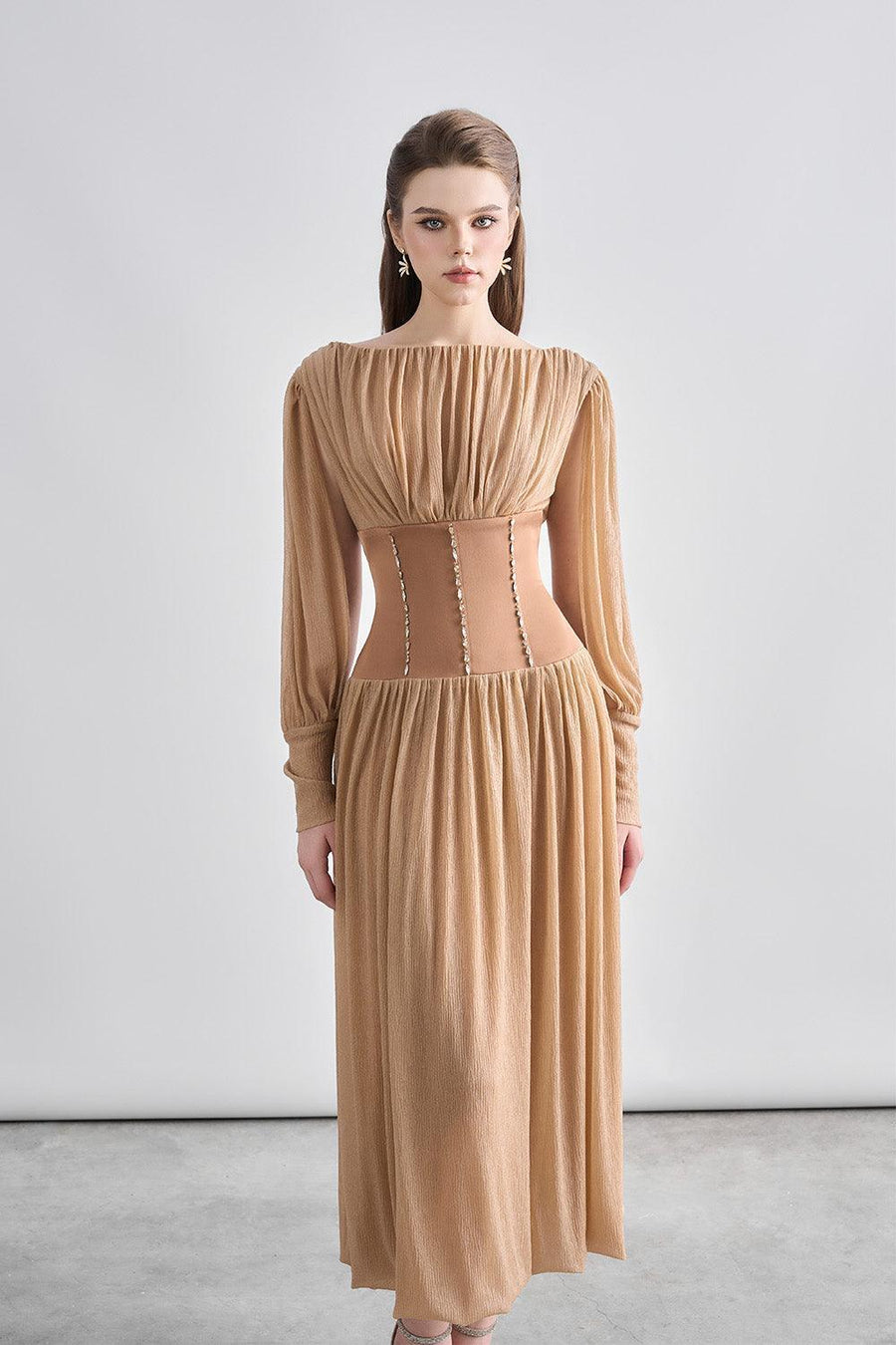Kara Gathered Corset Waist Mesh Sheer Midi Dress Light Brown Midi Dress Cordia