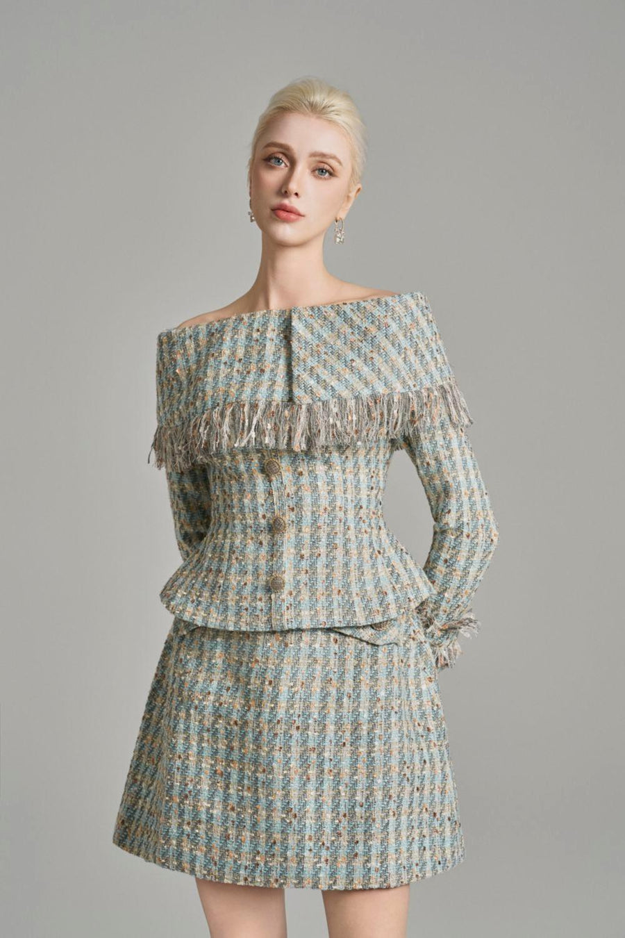 Kassidy Peplum Off-Shoulder Tweed Top Long Sleeved Top Cordia