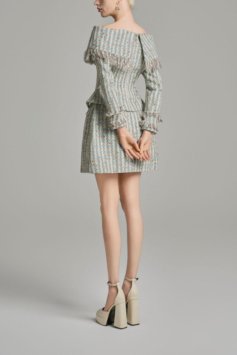 Kassidy Peplum Off-Shoulder Tweed Top Long Sleeved Top Cordia
