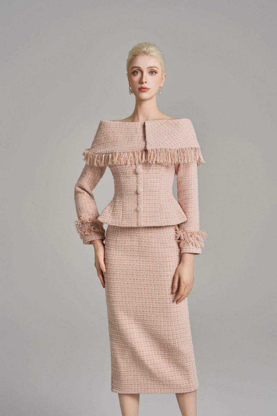 Kassidy Peplum Off-Shoulder Tweed Top Pink Long Sleeved Top Cordia