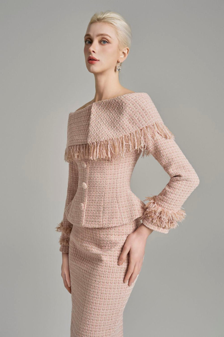 Kassidy Peplum Off-Shoulder Tweed Top Long Sleeved Top Cordia