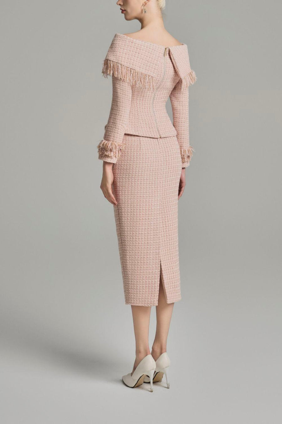 Kassidy Peplum Off-Shoulder Tweed Top Long Sleeved Top Cordia