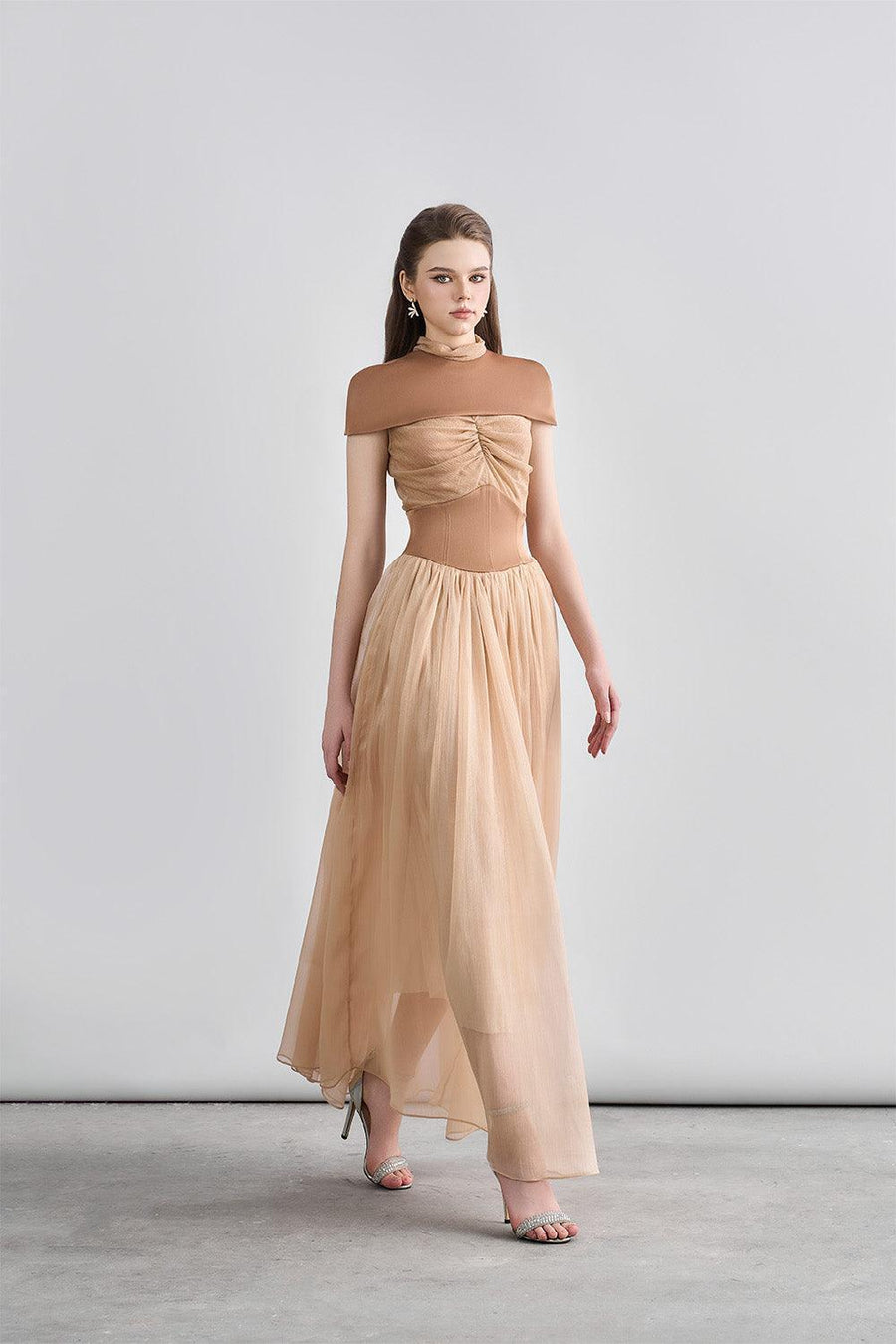 Kathryn Fit and Flare Cape Shoulder Chanel Maxi Dress Light Brown Maxi Dress Cordia