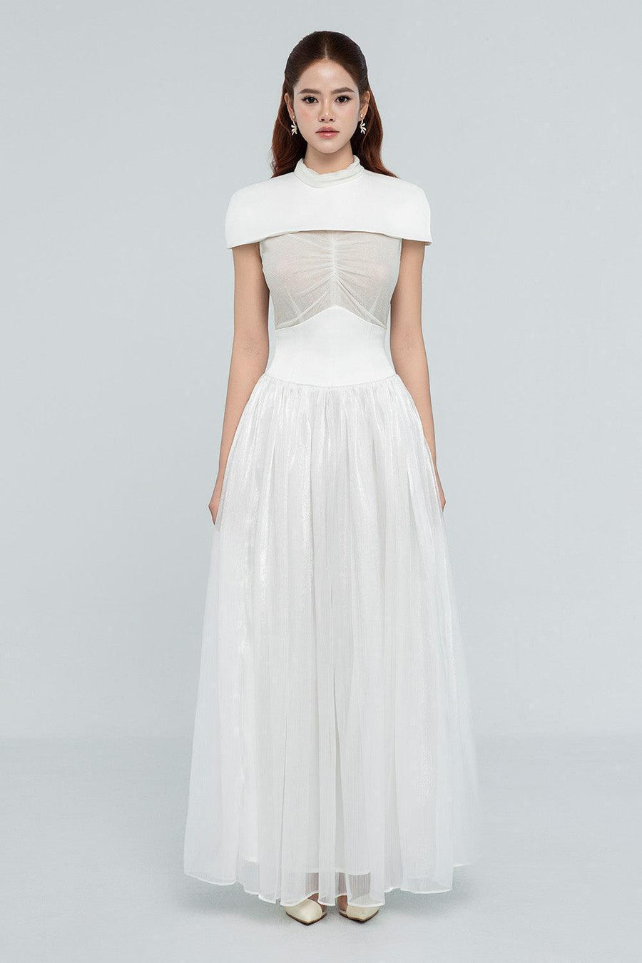 Kathryn Fit and Flare Cape Shoulder Chanel Maxi Dress Maxi Dress Cordia
