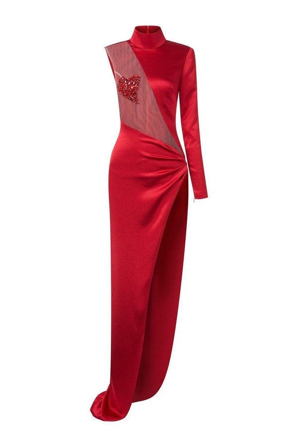 Kehlani Slit Asymmetric Sleeved Mesh Silk Floor Length Dress