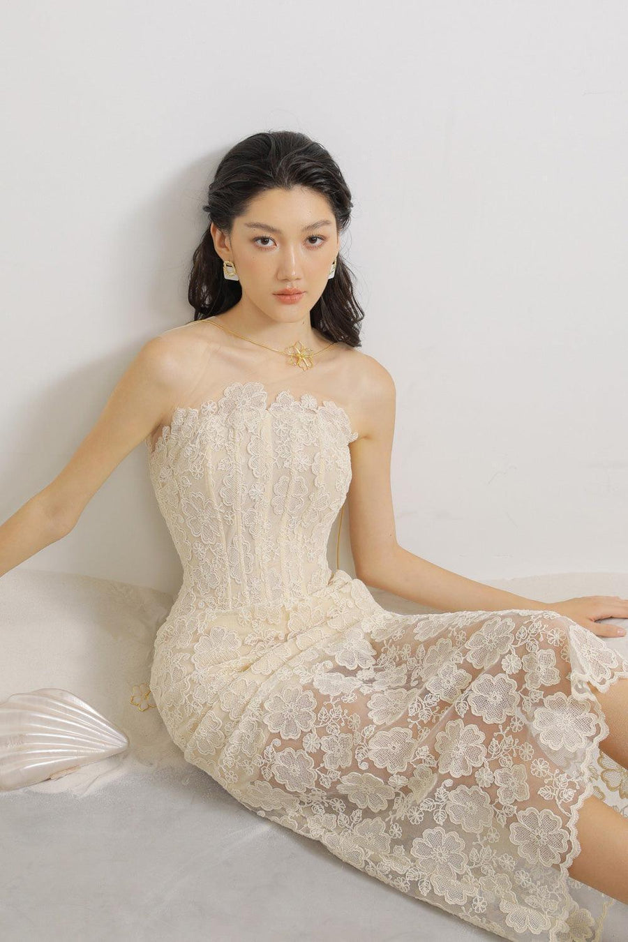 Keira Strapless Corset Waist Lace Midi Dress Cream Midi Dress LASSY
