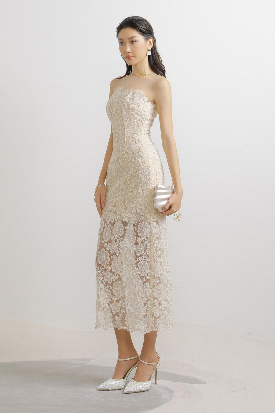 Keira Strapless Corset Waist Lace Midi Dress Midi Dress LASSY