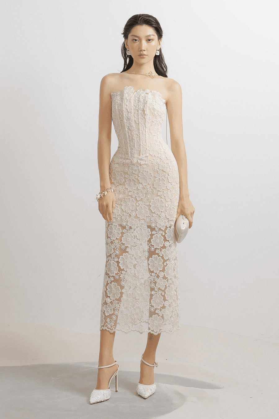 Keira Strapless Corset Waist Lace Midi Dress Midi Dress LASSY