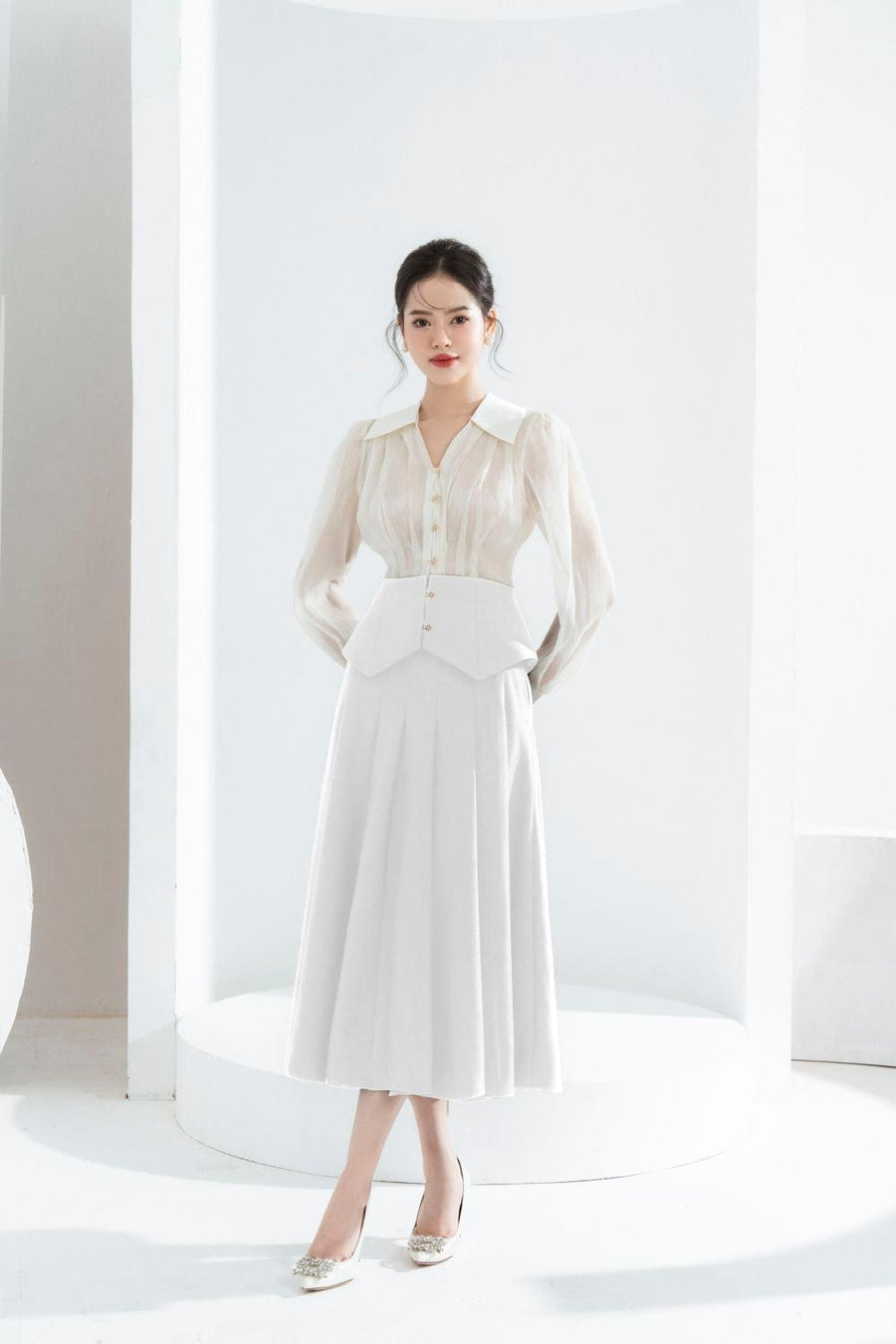 Kelly A-line Knife-Pleated Polycotton Midi Skirt White Skirt Cordia