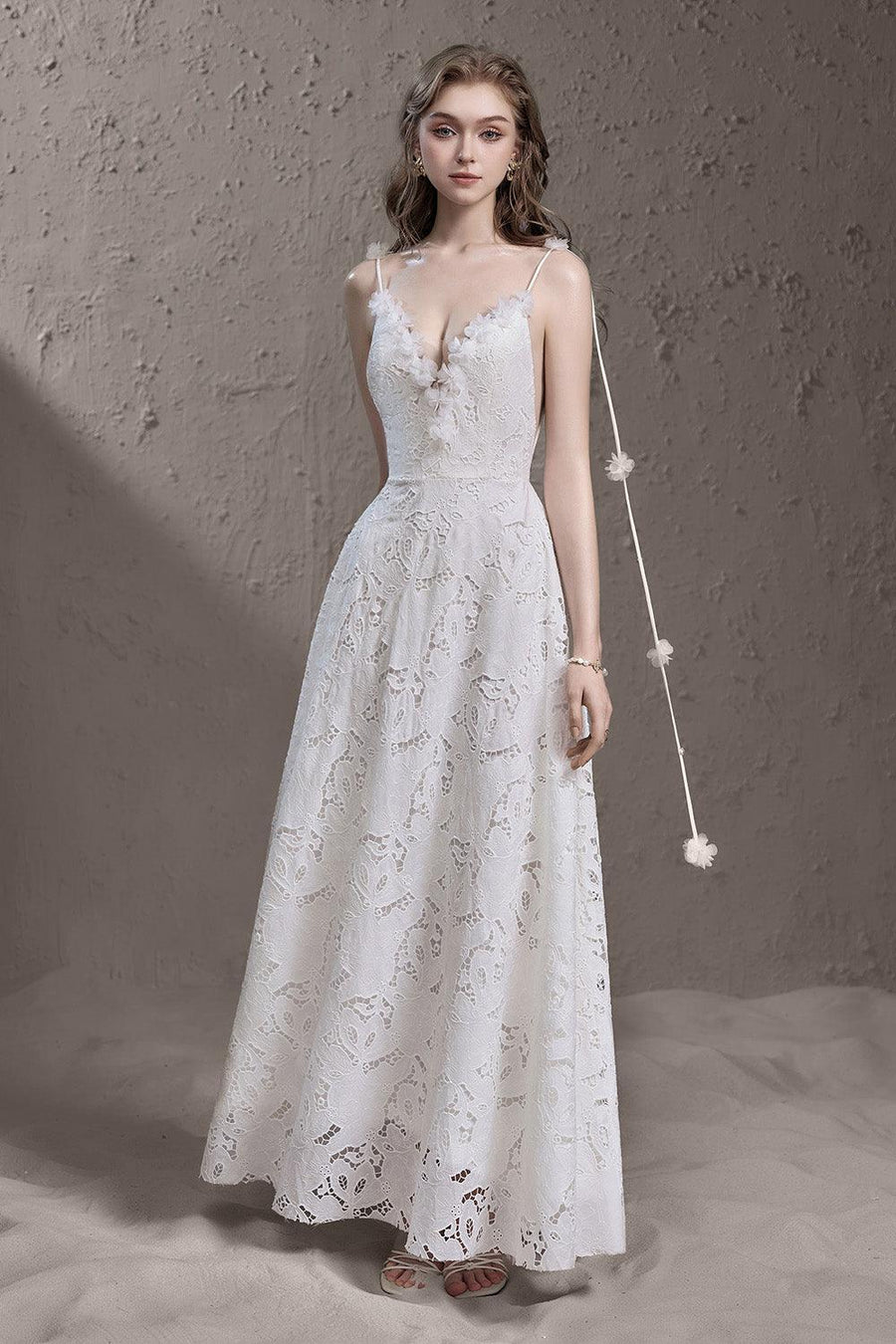 Kendall A-line Plunge Neck Lace Floor Length Dress White Maxi Dress Delicate