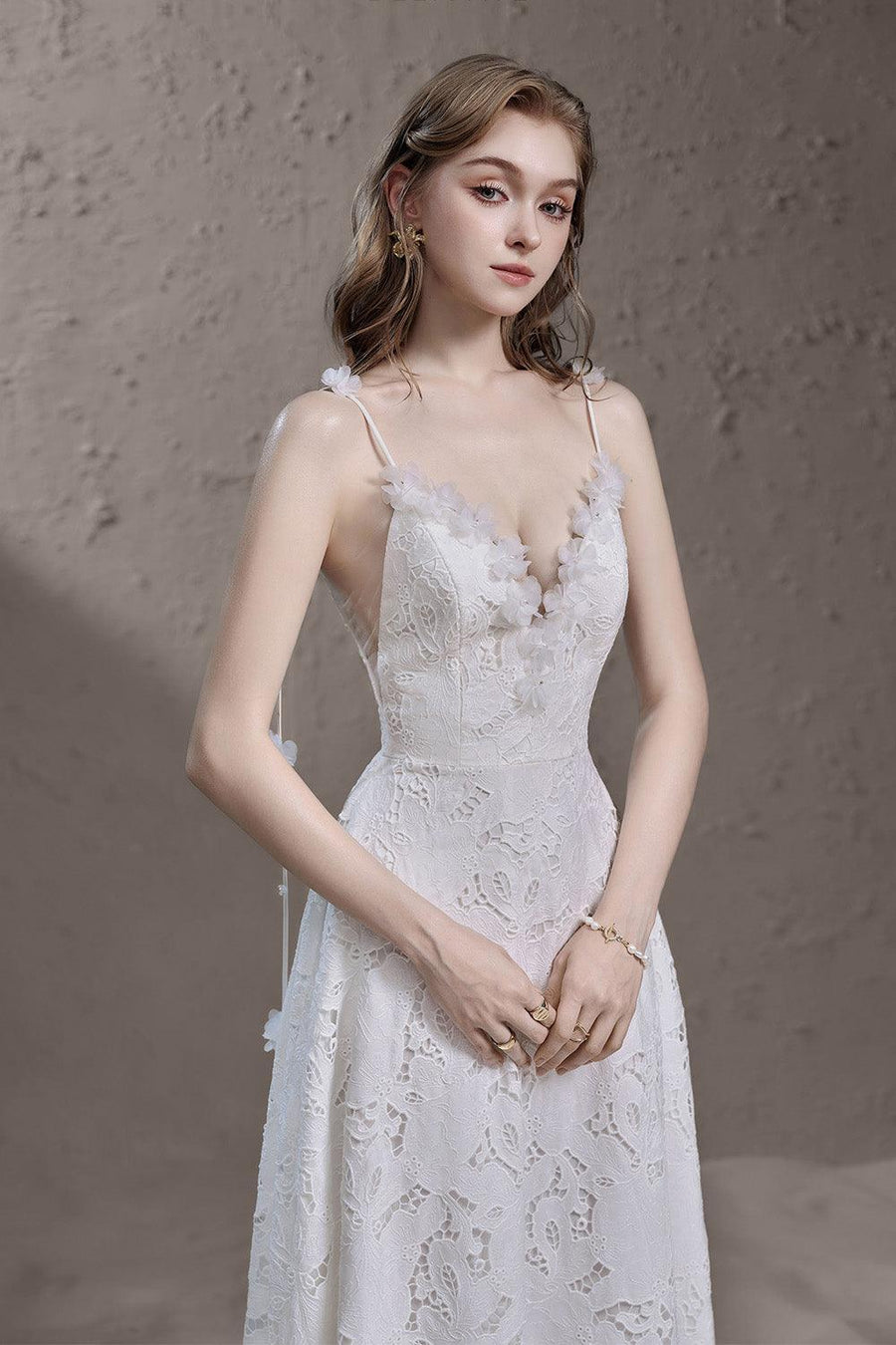 Kendall A-line Plunge Neck Lace Floor Length Dress Maxi Dress Delicate