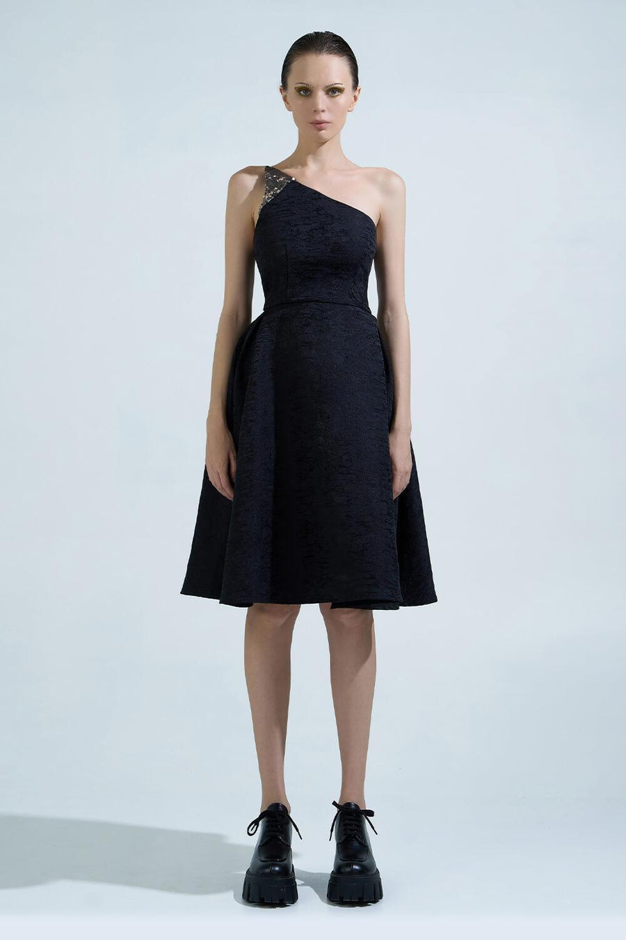 Kenzie Fit and Flare One Shoulder Brocade Knee-length Dress 1