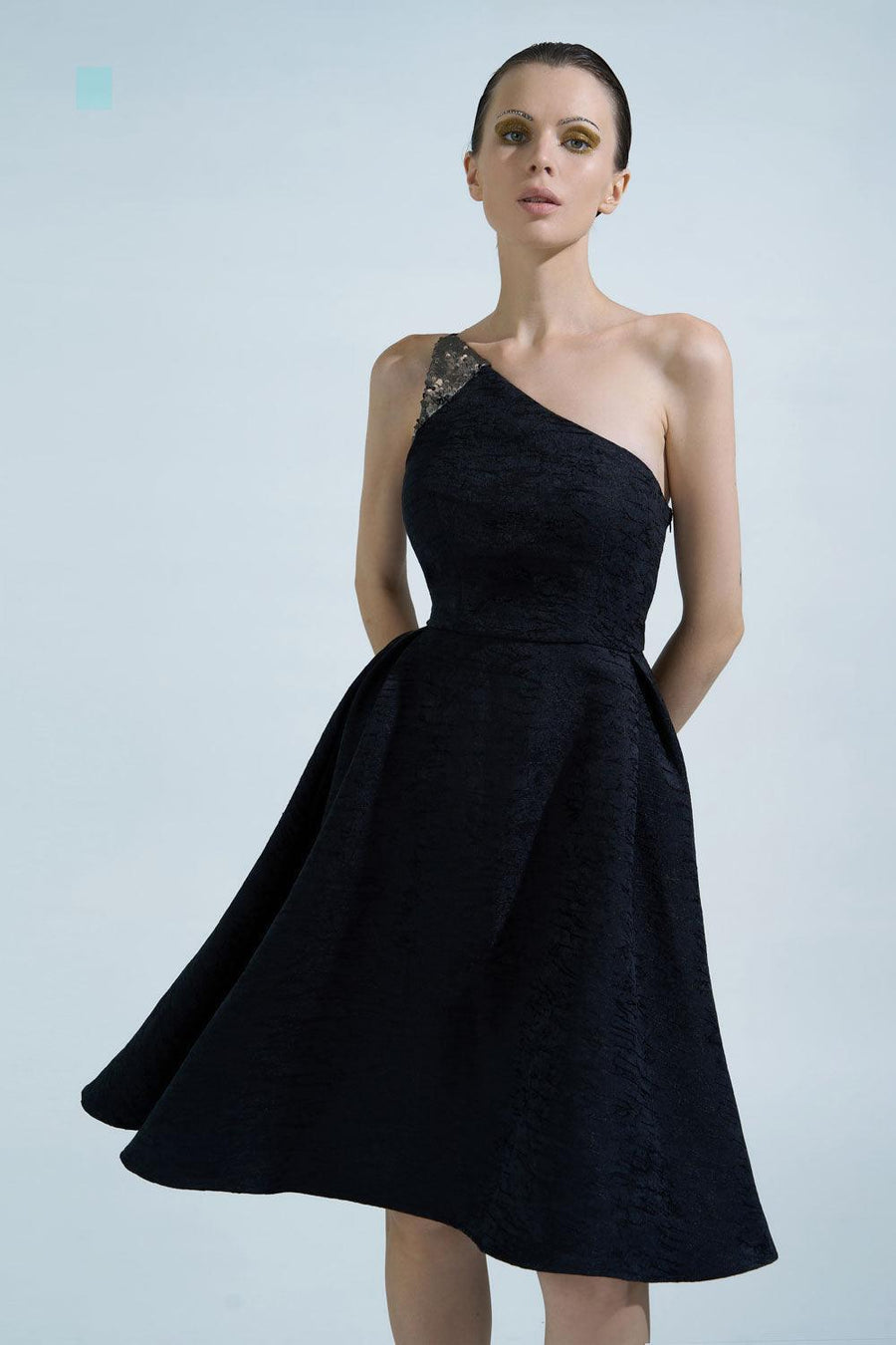 Kenzie Fit and Flare One Shoulder Brocade Knee-length Dress 2