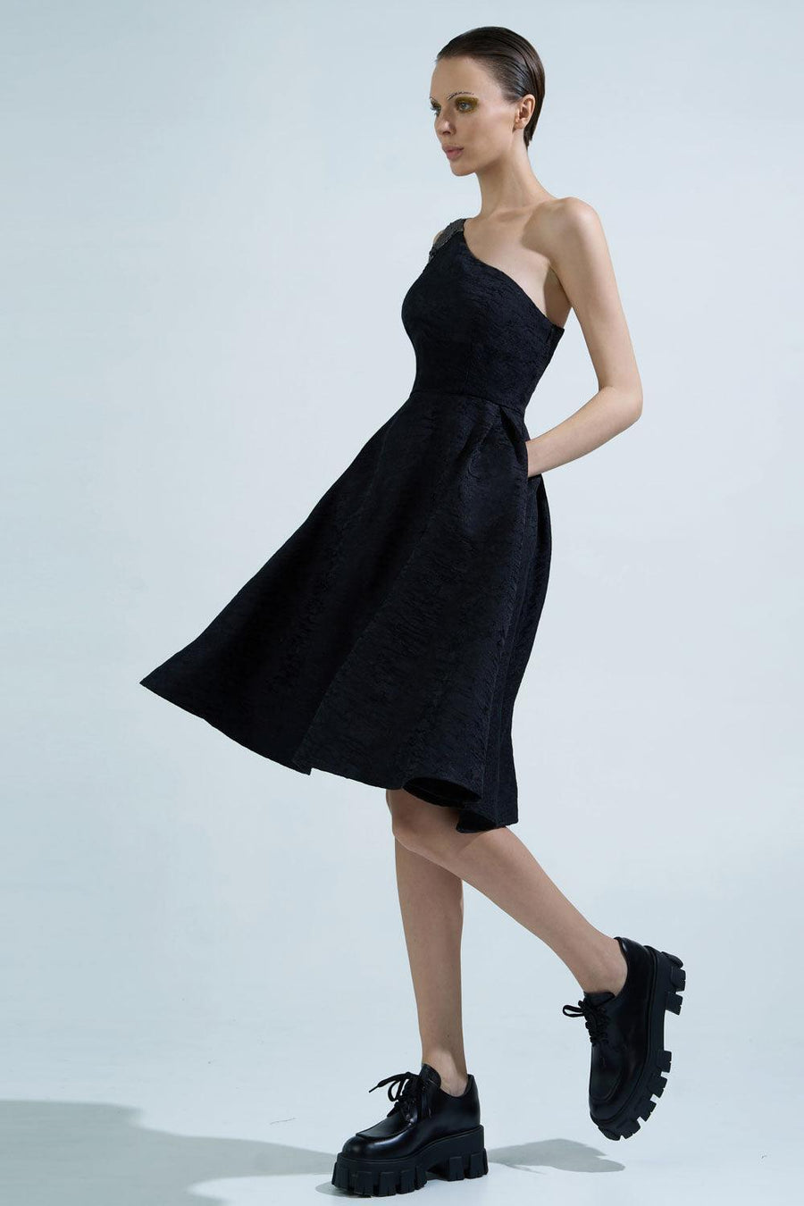 Kenzie Fit and Flare One Shoulder Brocade Knee-length Dress 4