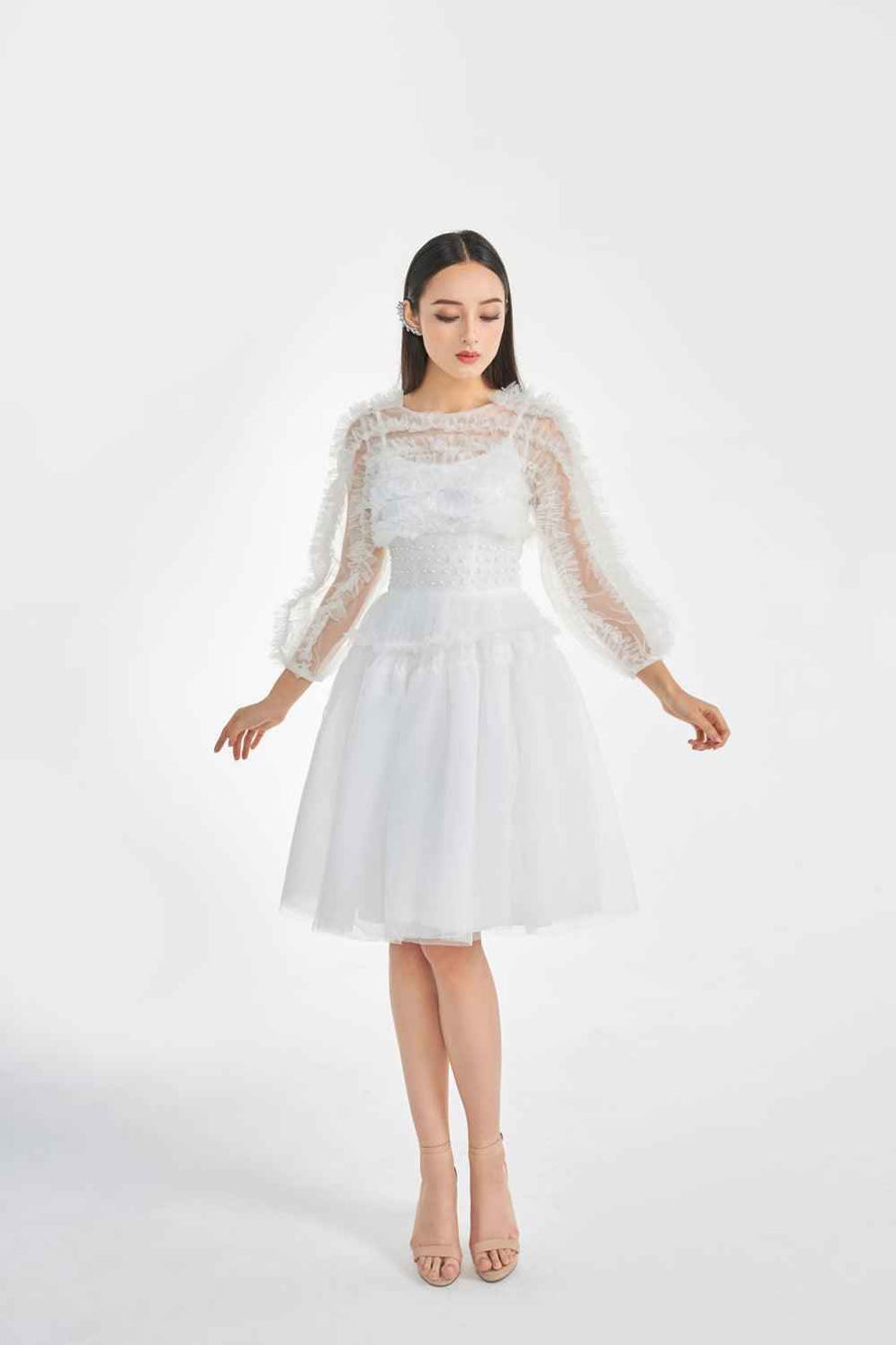 Kerenza Fit and Flare Bishop Sleeved Organza Knee-length Dress