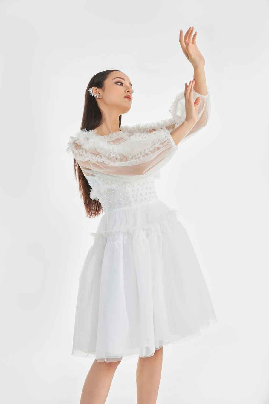 Kerenza Fit and Flare Bishop Sleeved Organza Knee-length Dress