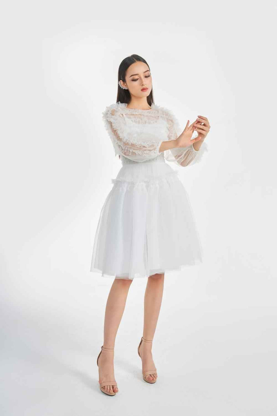 Kerenza Fit and Flare Bishop Sleeved Organza Knee-length Dress