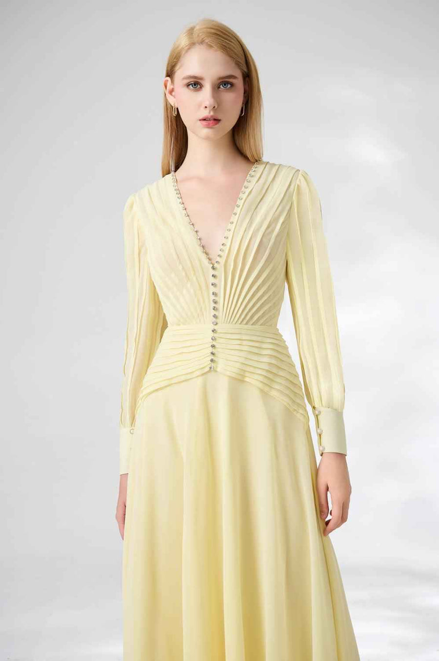 Khalil A-line Cuff Sleeved Chiffon Floor Length Dress