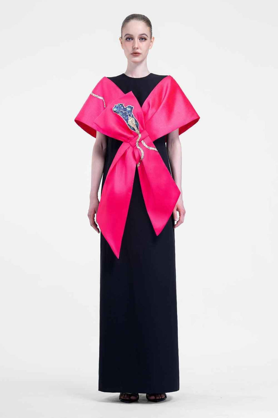 Knot Straight Cape Sleeved Twill Cotton Maxi Dress