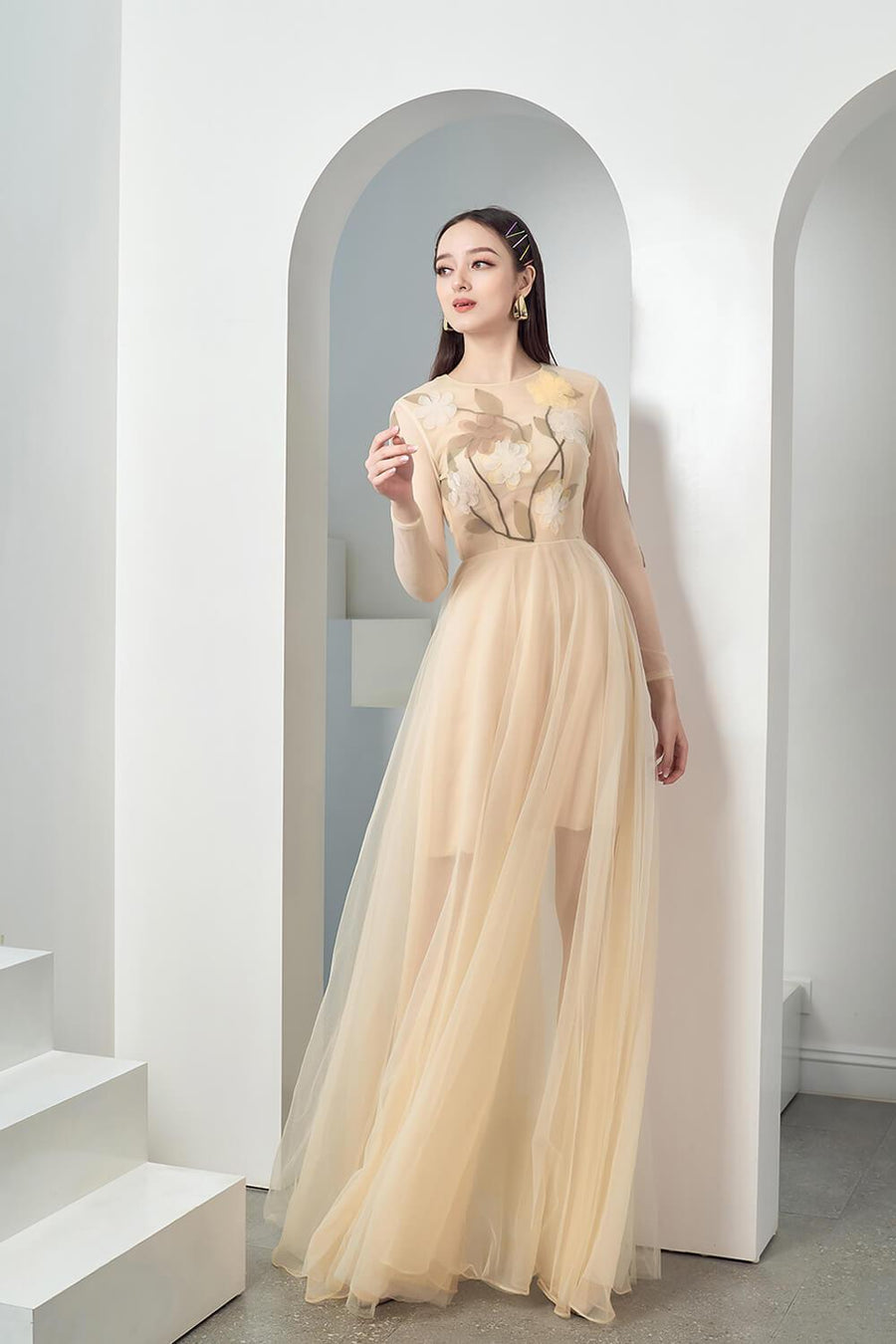 Konami Fit and Flare Long Sleeved Mesh Sheer Maxi Dress 6