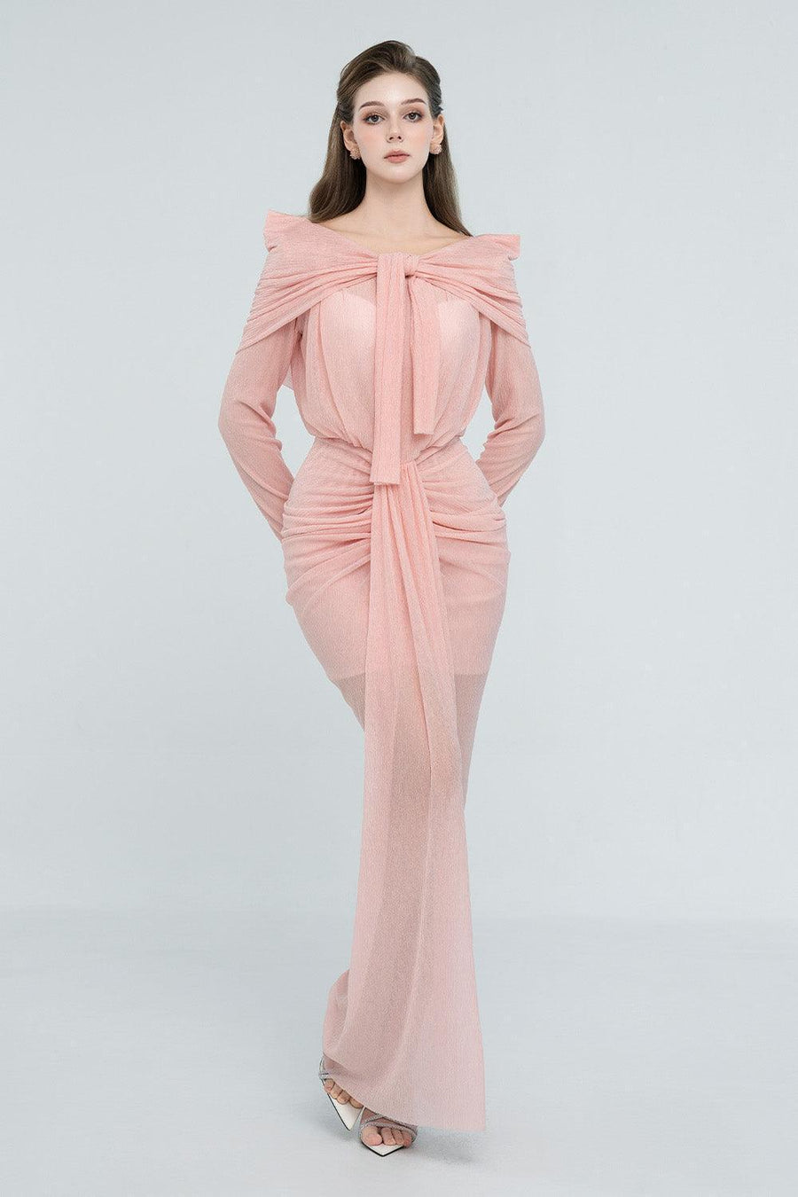 Kora Sarong Boat Neck Mesh Sheer Maxi Dress Pink Maxi Dress Cordia