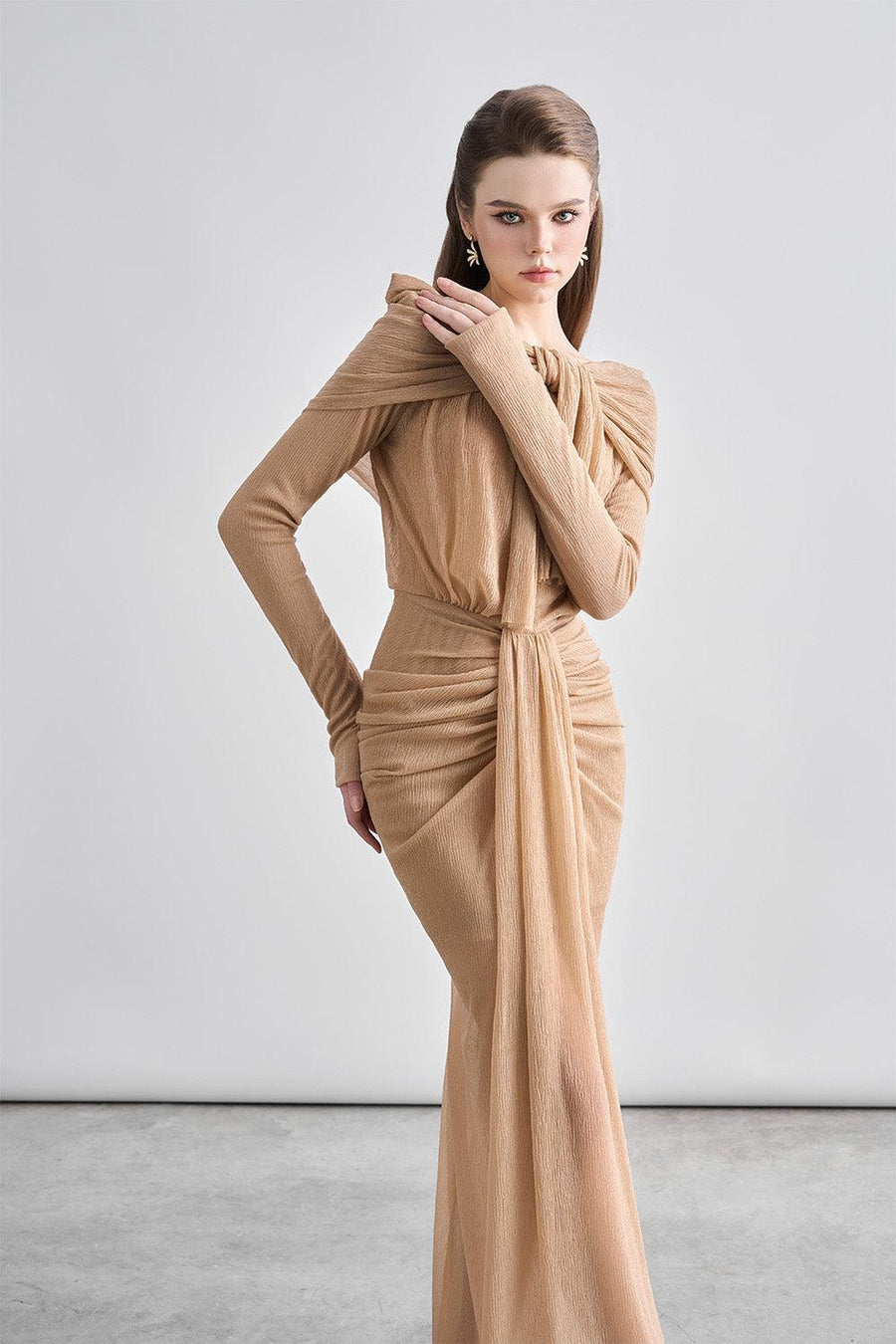 Kora Sarong Boat Neck Mesh Sheer Maxi Dress Maxi Dress Cordia