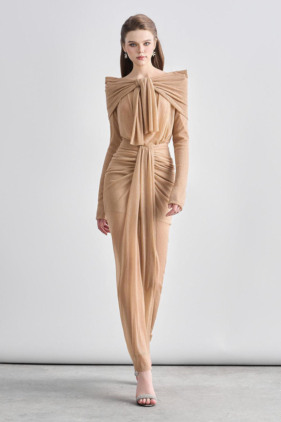 Kora Sarong Boat Neck Mesh Sheer Maxi Dress Light Brown Maxi Dress Cordia