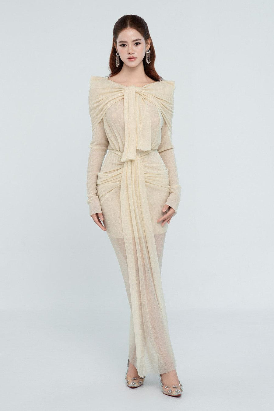 Kora Sarong Boat Neck Mesh Sheer Maxi Dress Beige Maxi Dress Cordia