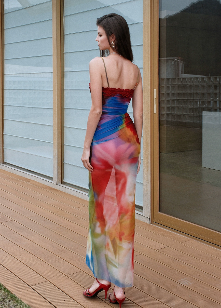 Sheer Luck Floral Mesh Ink Strap Vacation Style Two Piece Fishbone Slimming Dress Long Skirt dress RESSALINA