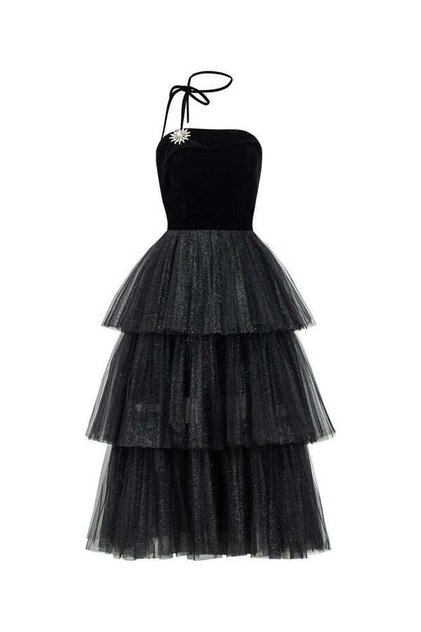 Krystal Layered Straight Across Neck Tulle Midi Dress