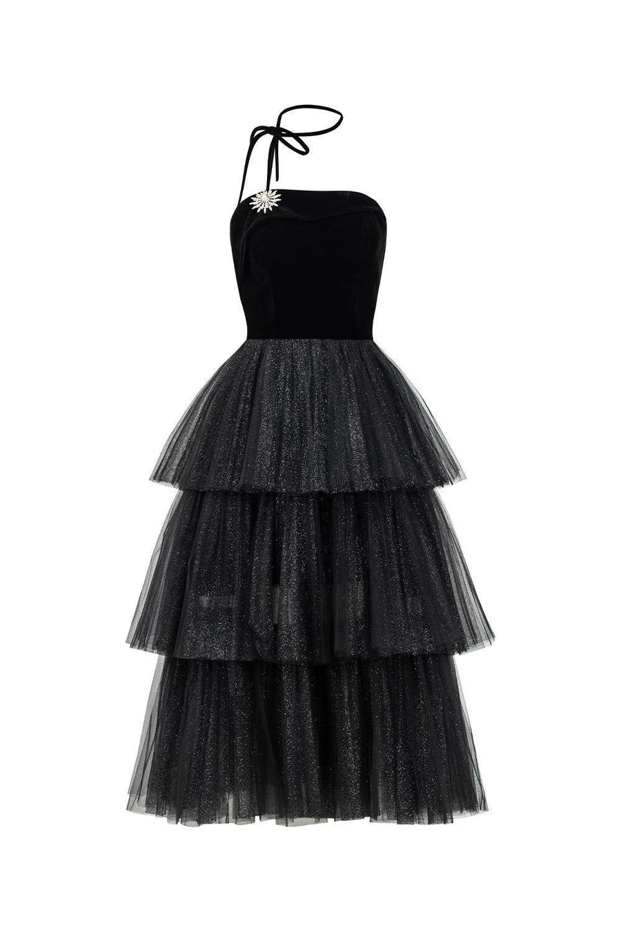 Krystal Layered Straight Across Neck Tulle Midi Dress Midi Dress Delicate