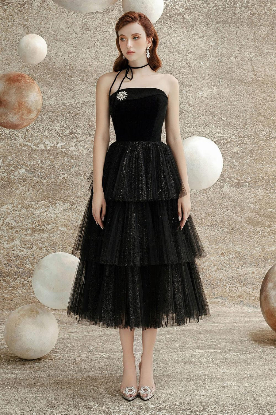 Krystal Layered Straight Across Neck Tulle Midi Dress Midi Dress Delicate