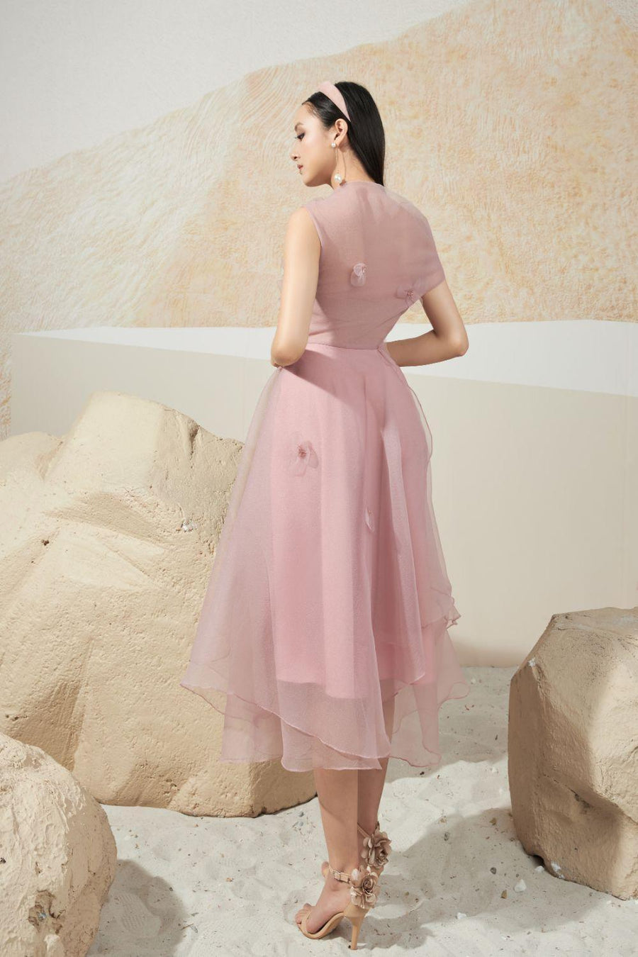 Kudrow Fit and Flare Asymmetric Organza Midi Dress 5