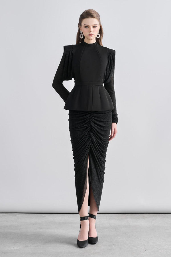 Kyle Peplum Gathered Chanel Midi Dress