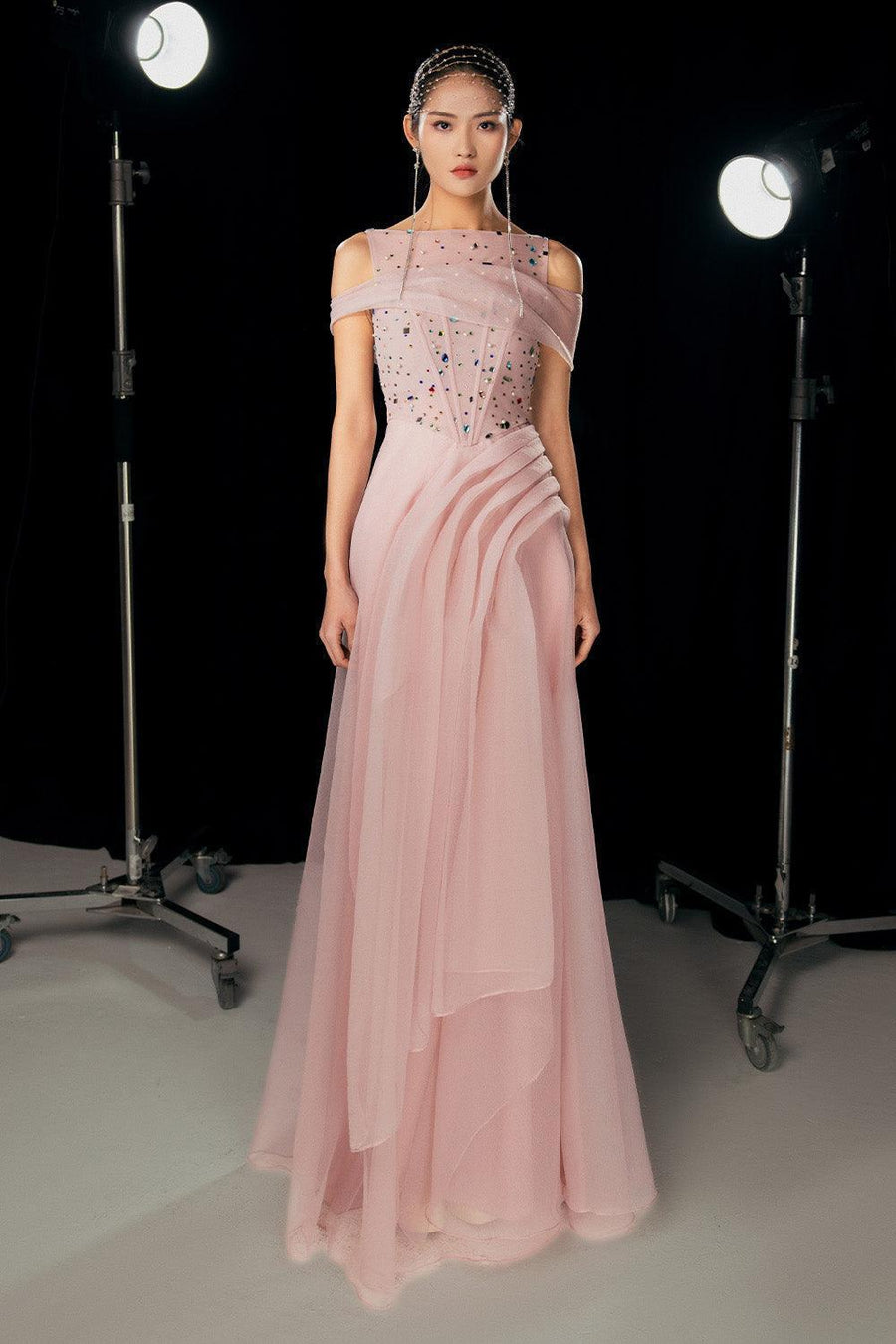 Kyleigh Layered Side Slit Mesh Silk Floor Length Dress 1