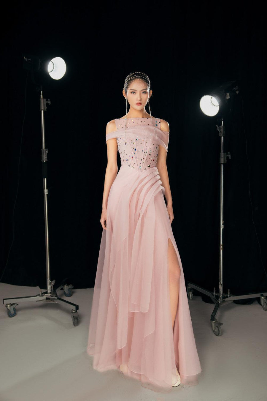 Kyleigh Layered Side Slit Mesh Silk Floor Length Dress 3